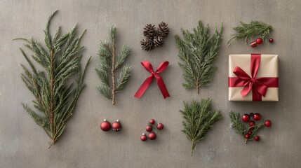 Wall Mural - Festive Winter Arrangement with Christmas Gift Box, Greenery, Pine Cones, Red Ornaments, and Decorative Bow on a Textured Surface for Holiday Inspiration