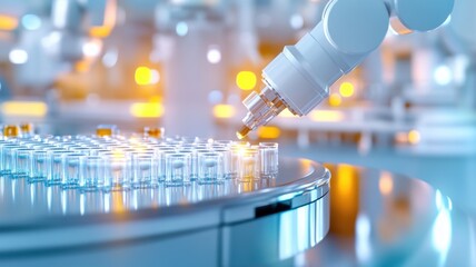 selective focus on robotic arm in advanced pharmaceutical laboratory for virus research and vaccine 