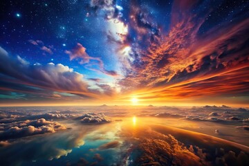 Wall Mural - Surreal sunset and night sky transition landscape aerial view