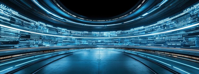 Wall Mural - futuristic digital interface with glowing lines and data streams in a circular space for technology,