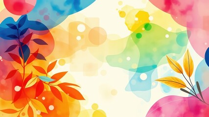 Vibrant Watercolor Abstract with Autumnal Leaf Motifs and Organic Shapes