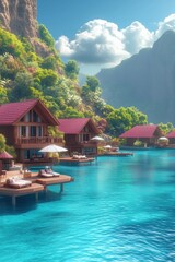 Wall Mural - Stunning overwater bungalows invite relaxation while offering breathtaking views of crystal-clear turquoise water, lush tropical vegetation, and majestic mountains under a bright blue sky