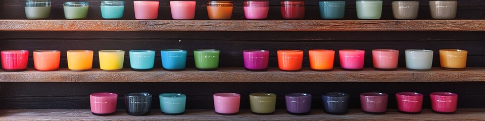 colorful pots arrayed on shelves, exhibiting a rainbow gradient