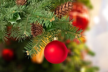 Wall Mural - holiday celebration, green christmas tree with ornaments
