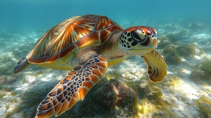 Wall Mural - Colorful sea turtle swims gracefully among coral reef in clear turquoise water