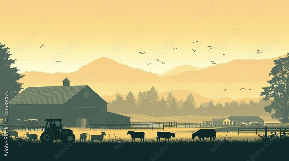 Rural Scene Highlighting Farm Life and Open Space Stock Illustration ...