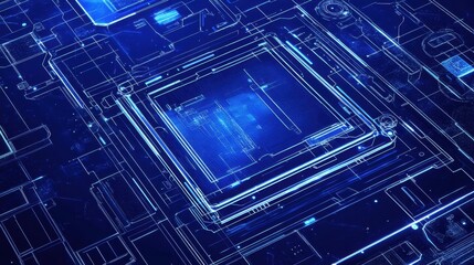 Intricate blueprint design showcasing electronic devices including a laptop, tablet, and mobile phones.