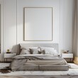 © kageyama - Minimalist bedroom interior with a large framed canvas above the bed. a rug. nightstands and neutral colors