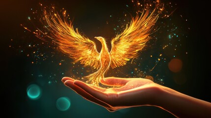 Wall Mural - A glowing phoenix rising from a hand, symbolizing rebirth and transformation.