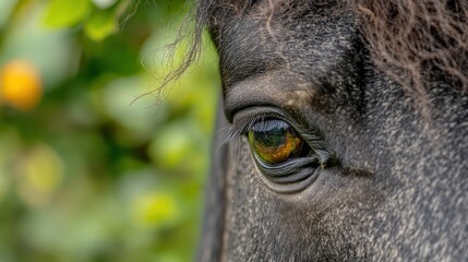 Canvas Print - Close-up of a horse's eye, showcasing its intricate details and surrounding greenery.