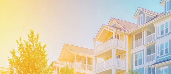 Wall Mural - A modern residential building with balconies and a vibrant sky.