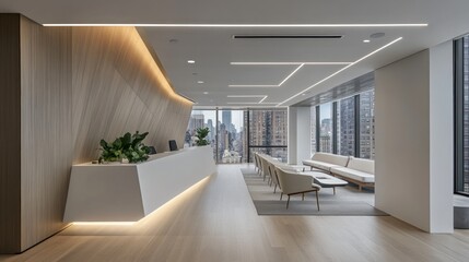 Wall Mural - Modern office reception area with sleek design and city view.