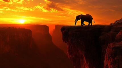 Canvas Print - An elephant stands on a cliff at sunset, showcasing nature's beauty and wildlife.