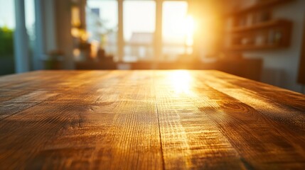 Canvas Print - A warm sunset glow illuminates a wooden table in a cozy interior setting.