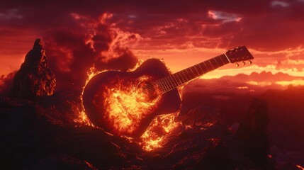 Wall Mural - A fiery guitar rests on rocky terrain against a dramatic sunset backdrop.