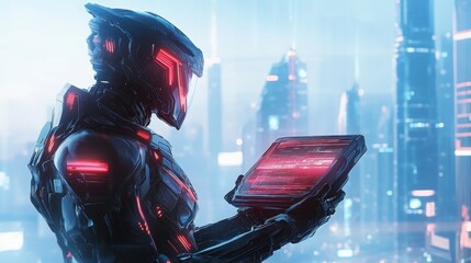 A futuristic robot examining a digital tablet in a neon-lit cityscape.