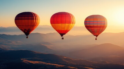 Wall Mural - Three hot air balloons fly over mountains at sunset.