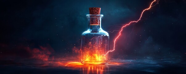 Wall Mural - lightning striking a magic potion in a glass bottle with cork lid