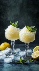 Wall Mural - Two glasses of refreshing lemon granita decorated with mint leaves