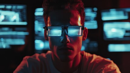 Focused young man wearing futuristic glasses, illuminated by screens displaying data.