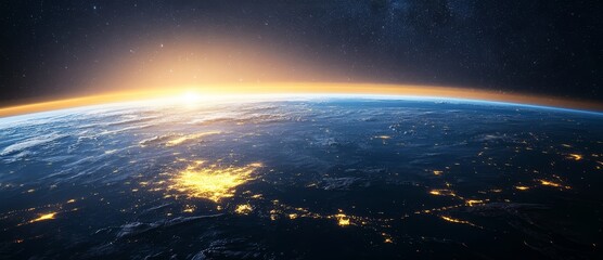 Canvas Print - a breathtaking view of earth from space during sunrise, showcasing city light, stunning, background 