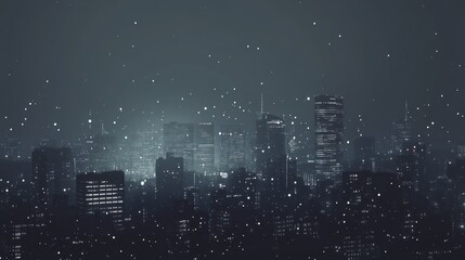 Sticker - Dark, foggy city skyline at night with falling snow.