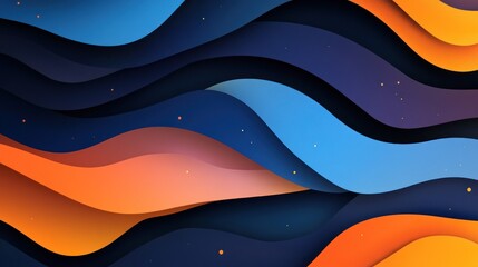 Wall Mural - Abstract wavy background with vibrant orange, blue, and dark hues, featuring a paper-cut style and subtle sparkle effect.