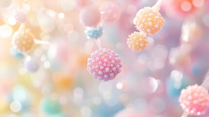 Wall Mural - Abstract pastel spheres connected by thin lines, creating a dreamy, colorful background.