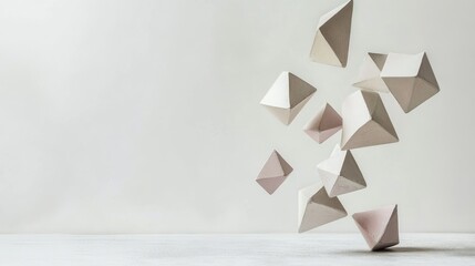 Wall Mural - Abstract composition of levitating geometric shapes against a white background.