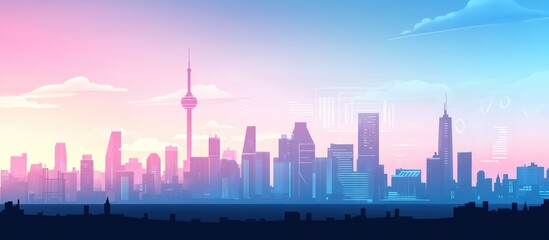 Poster - Futuristic city skyline at sunrise with pastel colors and a tall tower.