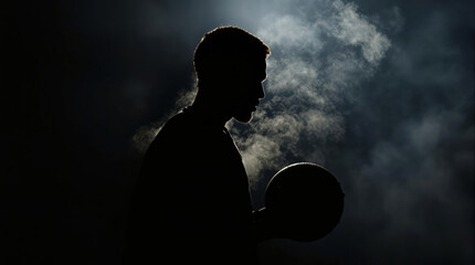 Silhouette of a basketball player against a dark background, mist fog, extreme sport