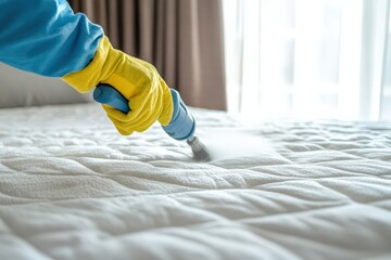 Wall Mural - Cleaning Mattress. Professional Janitor in Bedroom Using Appliance for Allergy-Free Bedding