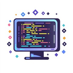 Computer monitor with a colorful background and a blue screen with code on it