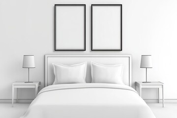 Wall Mural - Perspective of modern bedroom with white bed and blank picture frames on wall, Interior design with minimal style. 3D rendering.