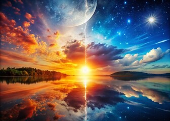 Wall Mural - Night and Day Double Exposure Photography: Surreal Sun and Moon Dreamscape