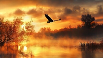 Wall Mural - Majestic Eagle Flying Over Tranquil Lake at Sunset with Misty Horizon