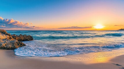 Wall Mural - Serene Sunset Over Calm Ocean Waves with Rocky Shoreline View