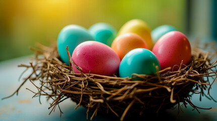 A basket of colorful eggs with a bird nest in the middle