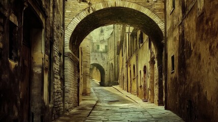 Perugia Via dell' Acquedotto: Ancient Arch Bridge in Umbria Street Scene