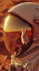 Wall Mural - astronaut exploring mars reflecting rabbit in helmet visor