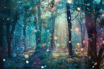 Aufkleber - Mysterious forest path illuminated by ethereal light in a serene and enchanting blue-hued woodland during twilight