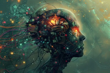Poster - Exploring the intersection of technology and consciousness in a digital artwork depicting a human silhouette with a vibrant brain and intricate circuitry