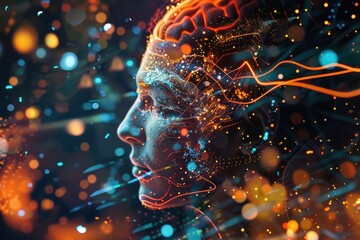 Leinwandbilder - Exploring the intersection of technology and consciousness in a digital artwork depicting a human silhouette with a vibrant brain and intricate circuitry