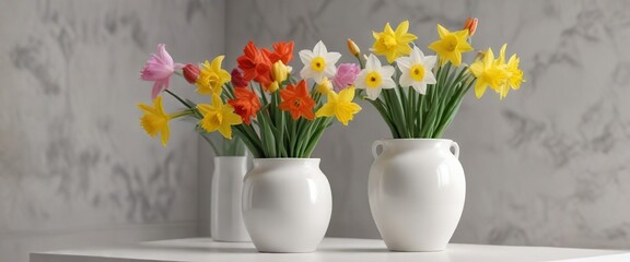 Wall Mural - Daffodil and tulip mix in a white ceramic vase, home decor, fresh cut flowers