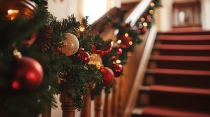 Wall Mural - A beautifully decorated staircase with lush garland, twinkling lights, and vibrant red and gold ornaments creates a warm and festive Christmas atmosphere.