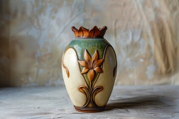 Poster - Decorative ceramic vase with floral design displayed against textured stone background in a bright indoor setting