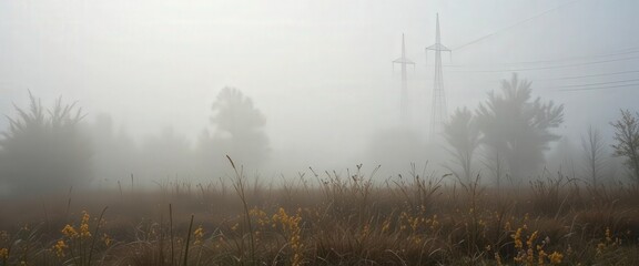 Fog in nature, cities and villages with misty forest landscape