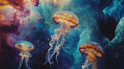 Wall Mural - jellyfishes swimming in the colorful nebula clouds and starry sky