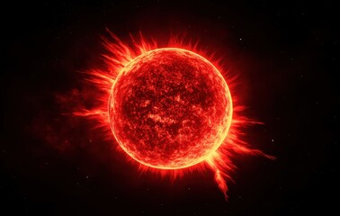 Aufkleber -  Red sun with burning solar flares on a black background. The concept of the sun, space, and science fiction. A star in the universe.