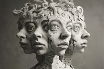 Poster - Surreal artwork featuring multiple intertwined faces with intricate details and vibrant colors in an abstract composition